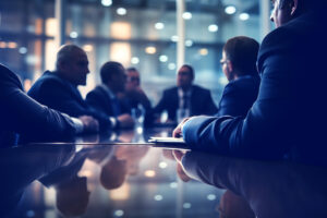 A group of men sitting in a meeting discussing something important.